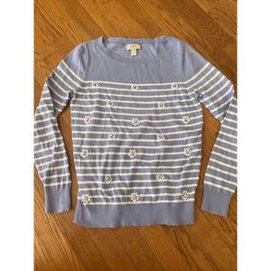 LOFT Striped Beaded‎ Flower Daisy Sweater Blue And White Stripe Summer Size S